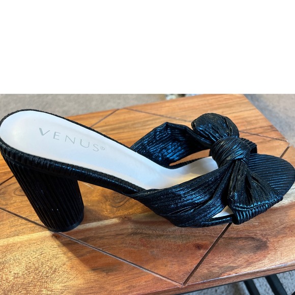 Venus Black Pleated Bow Mule Heels Block Heel Slide Sandals Womens 9.5 - Picture 9 of 13